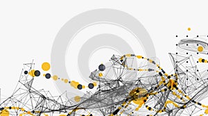 Abstract visualization of scientific data interaction through a network of interconnected nodes, smooth curves and chaos. Vector