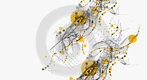 Abstract visualization of scientific data interaction through a network of interconnected nodes, smooth curves and chaos. Vector