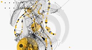 Abstract visualization of scientific data interaction through a network of interconnected nodes, smooth curves and chaos. Vector