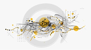 Abstract visualization of scientific data interaction through a network of interconnected nodes, smooth curves and chaos. Vector