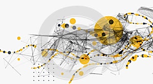Abstract visualization of scientific data interaction through a network of interconnected nodes, smooth curves and chaos. Vector