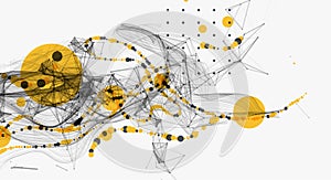 Abstract visualization of scientific data interaction through a network of interconnected nodes, smooth curves and chaos. Vector