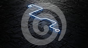 Digital pathway glowing blue on a dark board