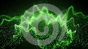 Abstract visualization of sound waves or data streams in glowing green particles