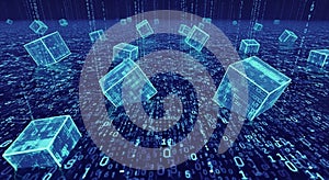 Abstract Digital Cubes Floating in Binary Code Matrix, Futuristic Technology