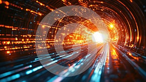 Digital data moving through a futuristic network tunnel