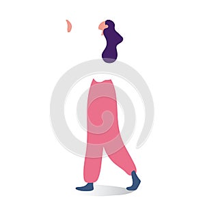 Abstract walking person with disconnected head and torso in pink pants. Minimalist stylized human figure in motion