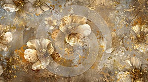 Abstract wallpaper adorned with blossoms covered in tarnished gold