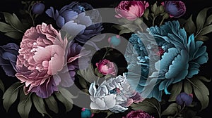 Abstract wallpaper of beautiful peonies on a dark background. Generative AI