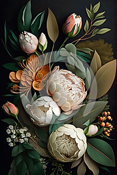 Abstract wallpaper of beautiful white and beige peonies on a dark background. Generative AI
