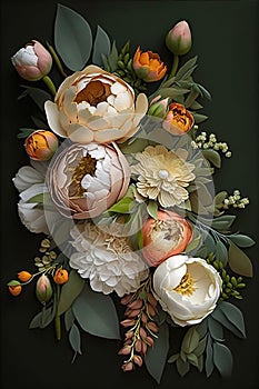 Abstract wallpaper of beautiful white and beige peonies on a dark background.