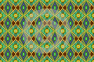 Abstract wallpaper with green-yellow-blue tones floral pattern assembled into a seamless square grid on a dark brown background