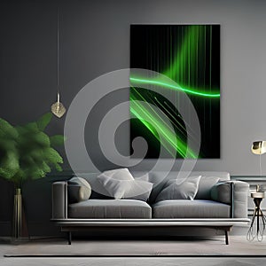 Abstract wallpaper with lively green neon lines dancing energetically over a dark black canvas, leaving trails of vibrant energy