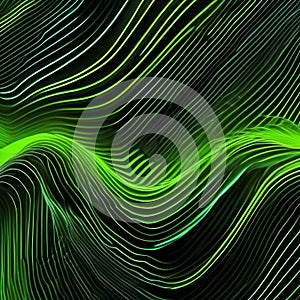 Abstract wallpaper with lively green neon lines dancing energetically over a pitch-black canvas, leaving trails of vibrant energ