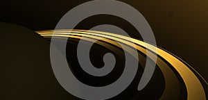 Abstract wallpaper with stylized illustration of planet with rings like saturn in dark space in golden gradient colors