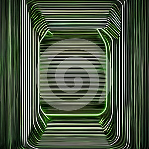 Abstract wallpaper with vibrant green neon lines weaving energetically against a pitch-black background, leaving captivating tra