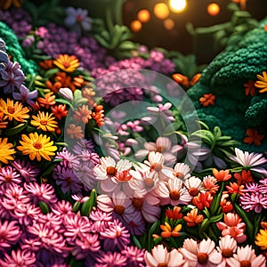 Abstract warm colored floral background. Flowerbed of various bright colored flowers on a sunny day. Soft focus