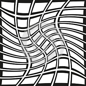 Abstract warped grid. Black white pattern. Distorted line texture. Vector illusion illustration.