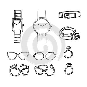 Abstract watch, glasses, rings, belt one line drawing. Continuous line accessories isolated on white. Minimalistic style