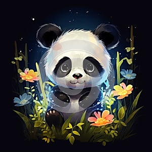 abstract water color style of cute baby panda mascot, on the trophical forest. Generative Ai photo