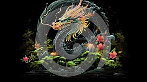abstract water color style of shenlong dragon mascot, on the trophical forest. Generative Ai photo