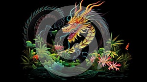 abstract water color style of shenlong dragon mascot, on the trophical forest. Generative Ai photo