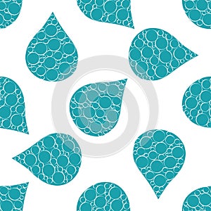 Abstract water drop and bubble vector seamless pattern background. Aqua blue and white backdrop with large rain drops