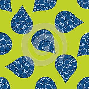 Abstract water drop and bubble vector seamless pattern background. Navy blue and green backdrop with large rain drops