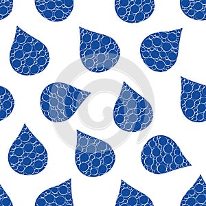 Abstract water drop and bubble vector seamless pattern background. Navy blue and white backdrop with large rain drops