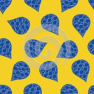 Abstract water drop and bubble vector seamless pattern background. Navy blue and yellow backdrop with large rain drops