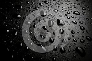 Abstract water droplet texture on a black surface, dynamic reflections and rounded highlights,