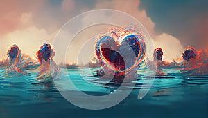 an abstract water heart illustration, love of synchron swimming, ai generated image