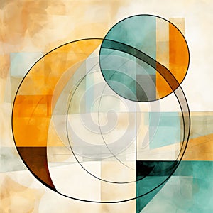 Abstract Watercolor Art: Circles And Shapes In Light Cyan And Dark Amber