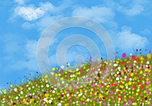 Abstract Watercolor art flowers Grass Flower fields summer with blue skies nature background illustration