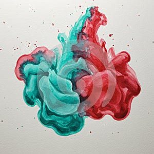 Abstract watercolor artwork featuring dynamic interplay of teal and red hues. The fluid