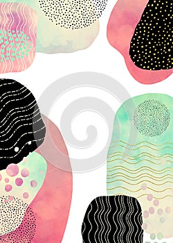 Abstract watercolor background with black pink and green blob shapes and forms with wavy line and dot pattern design elements in m