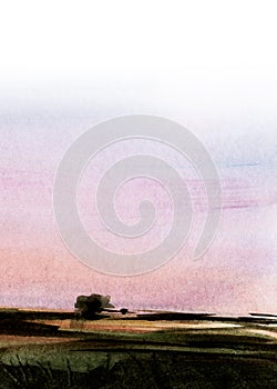 Abstract watercolor background. Blurry field against gentle sunrise sky of pastel shades. Soft gradient from white to lilac to