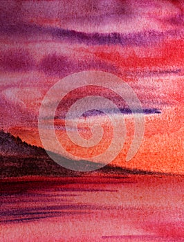 Abstract watercolor background. Colorful landscape of fiery sunset sky with purple clouds, pink calm water and dark