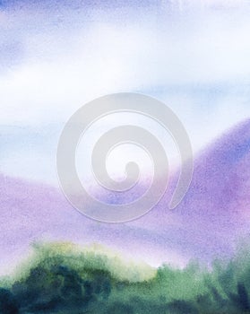 Abstract watercolor background with colorful layers. Gradient blurry landscape of green vegetation, purple mountains and soft blue