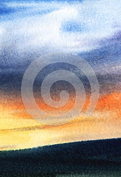 Abstract watercolor background. Dark horizon border and colorful sunset sky of warm shades with massive cloudscape graduating from