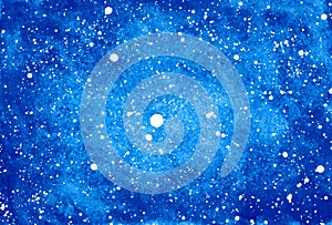 Abstract watercolor background. Deep blue night sky with stars. Hand drawn illustration. Galaxy painting