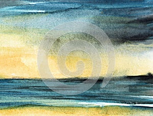 Abstract watercolor background in delicate pastel shades. Serene landscape of sea coast and sunset yellow sky. Blurry alternating