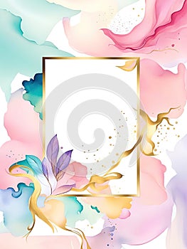 Abstract watercolor background with gold frame.
