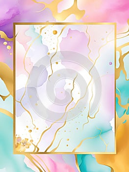Abstract watercolor background with gold frame.