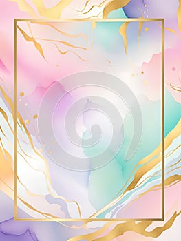 Abstract watercolor background with gold frame.