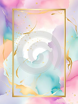 Abstract watercolor background with gold frame.