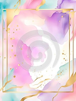 Abstract watercolor background with gold frame.