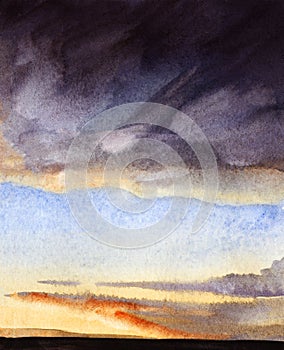 Abstract watercolor background. Overcast evening sky with majestic purple cloudscape and small clouds illuminated by soft light of