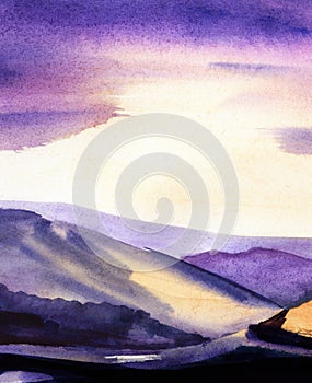 Abstract watercolor background. Peaceful blurry landscape of mountains lit by setting sun hiding in clouds. Hand drawn