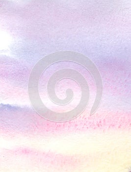 Abstract watercolor background. A picture of a sunset sky with horizontal stratus clouds. Gently pink and light purple ink stains